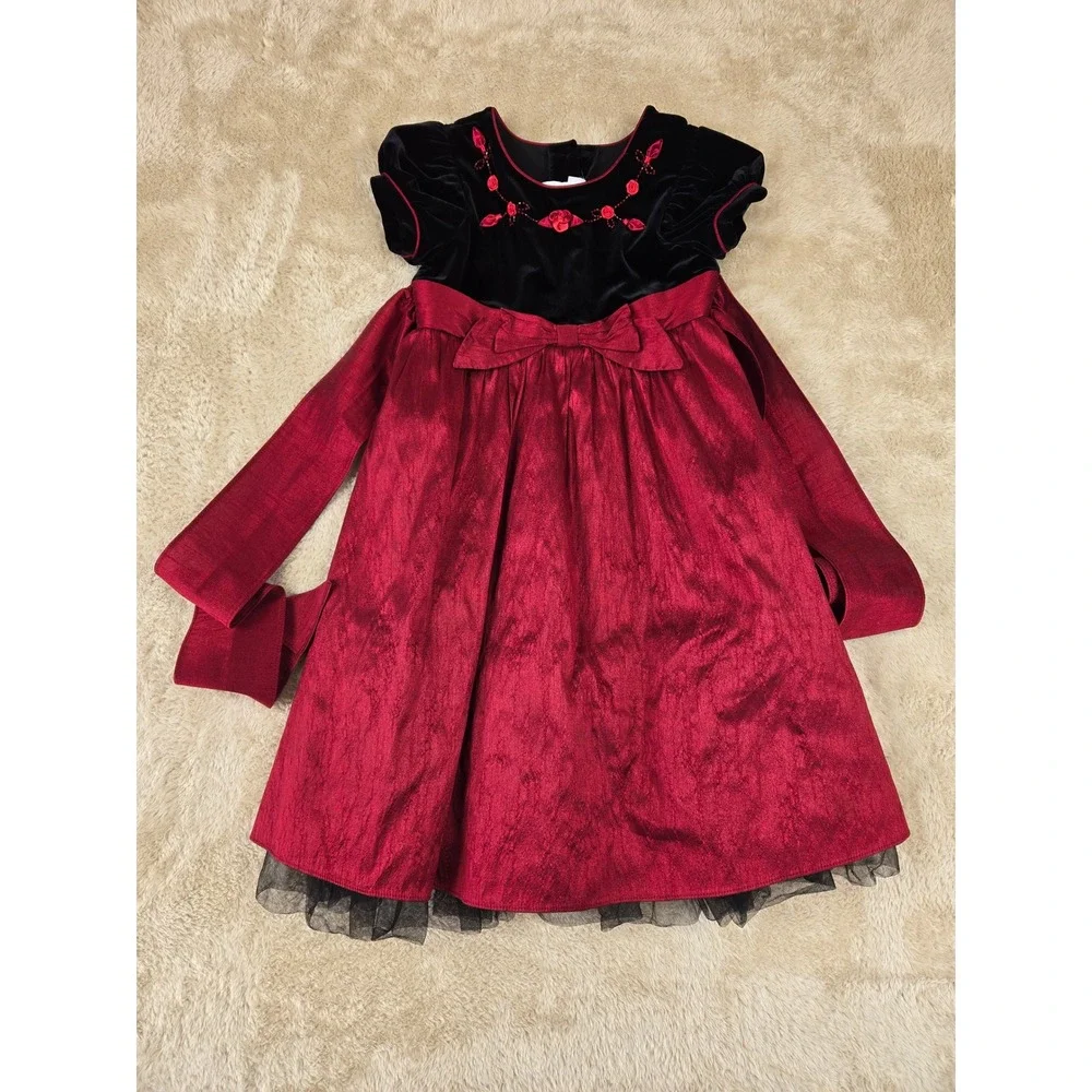 Jona‎ Michelle Girls Black Velvet Red Rose Trim Dress Sparkle Skirt Size 6